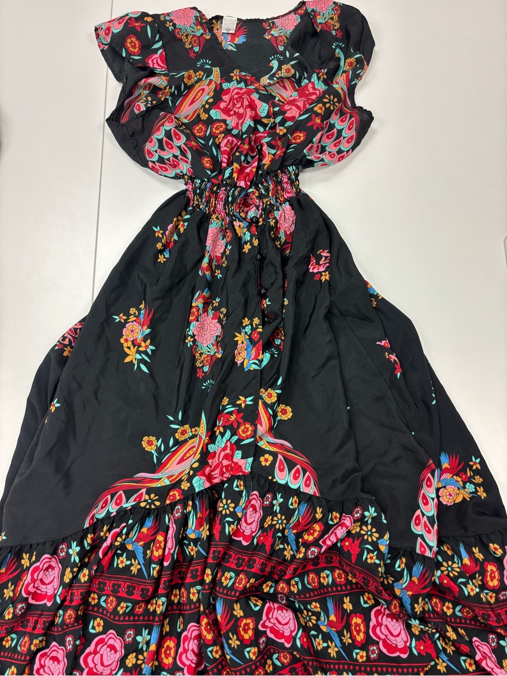 Black Floral Boho Maxi Dress with Pink & Red Accents